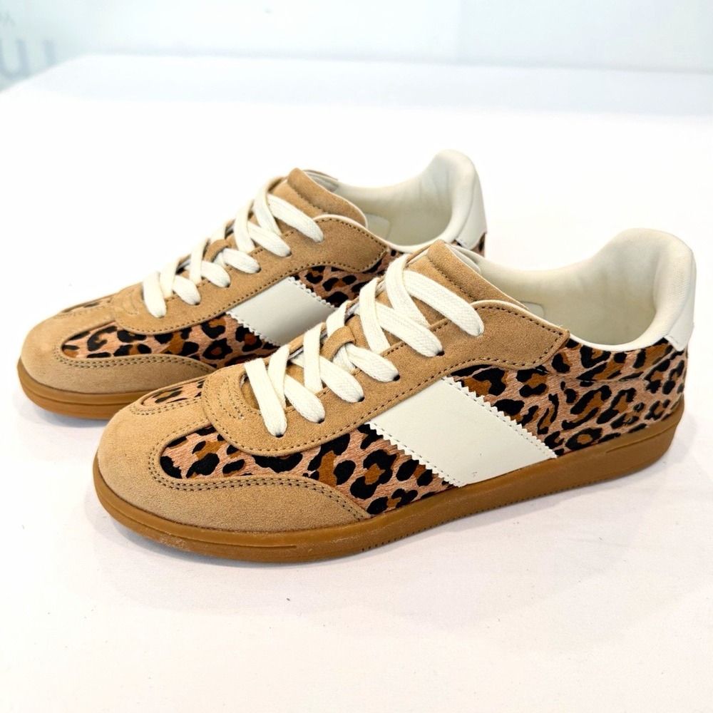 Sweet Life Nell Womens 6.5 Leopard Print Low Top Lace-Up Faux Suede Sneakers